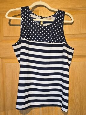 LOFT Navy and White Polka Dot Yoke Striped Sleeveless Top